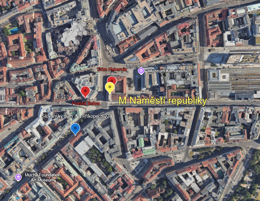 Mapa okolí Slovanského domu se stanicí metra Náměstí Republiky