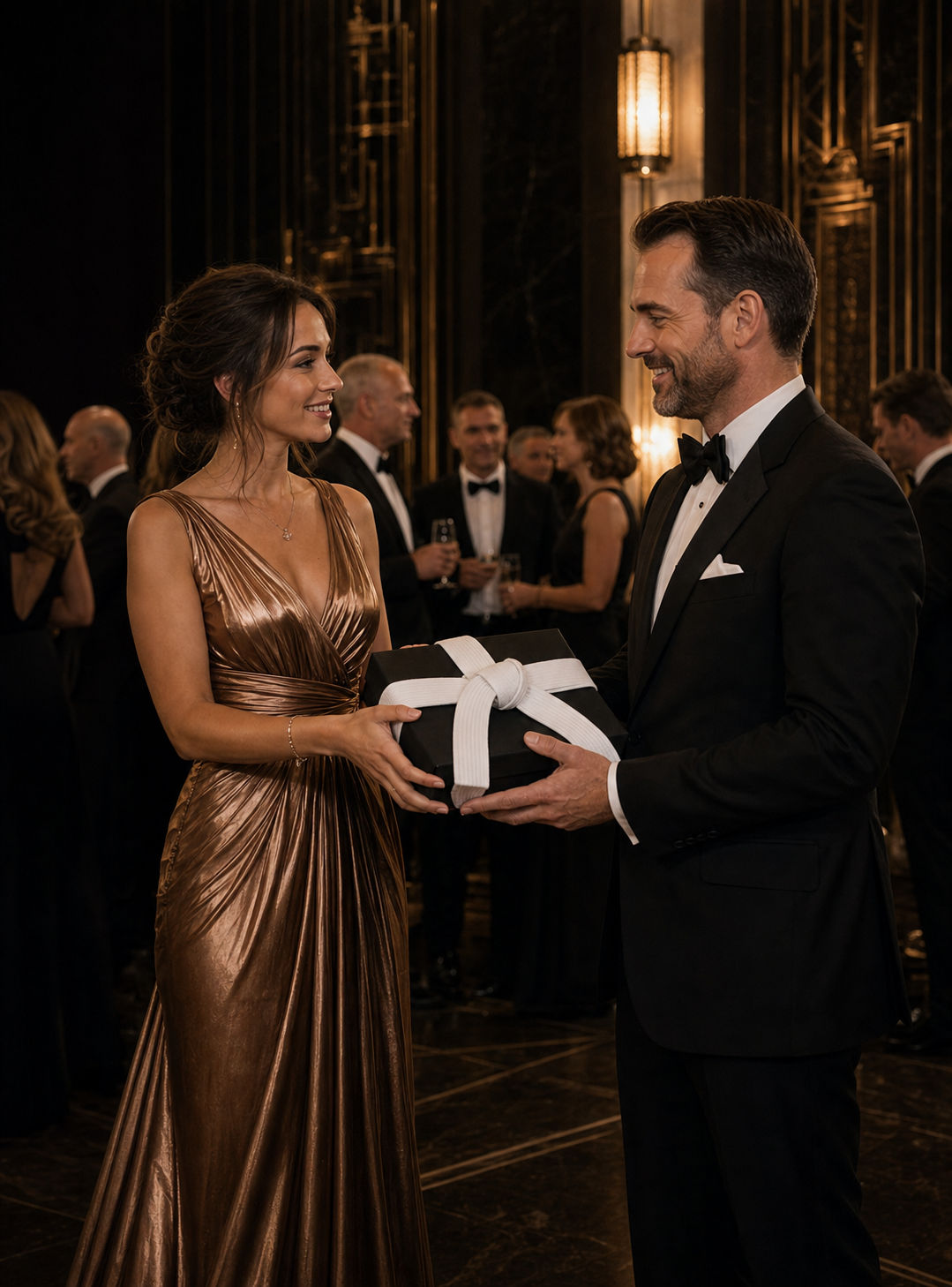 Hosté gala večera při předávání dárku převázaného judistickým pásem