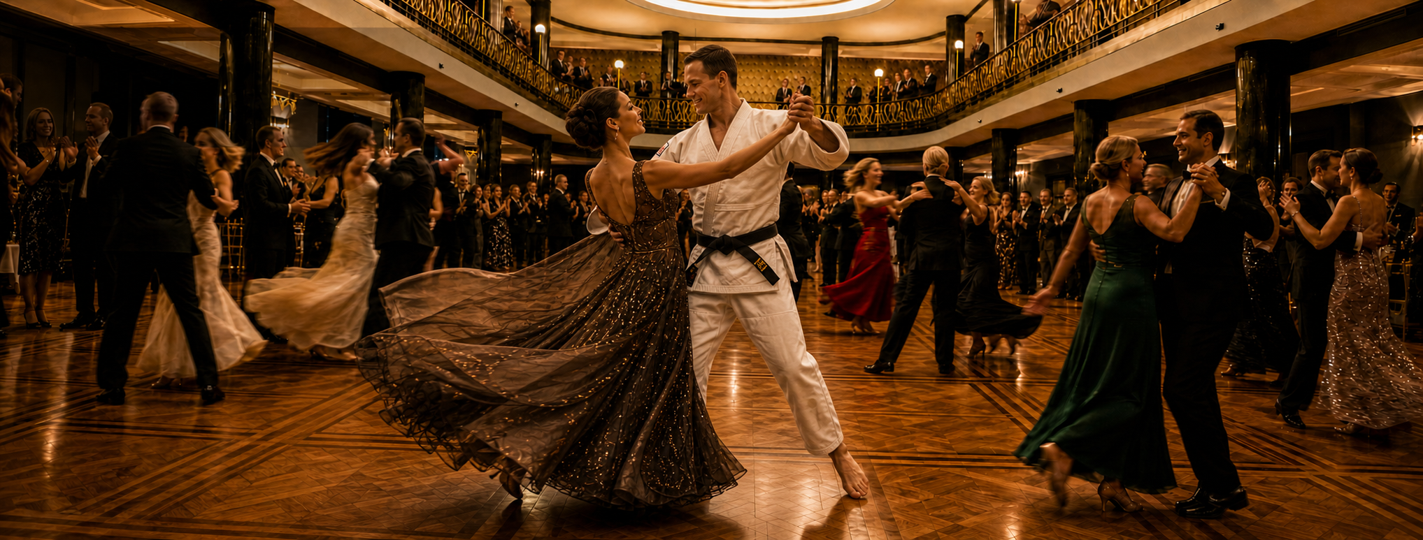 Judista a tanečnice při elegantní valčíkové otočce v Empire Hall